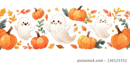Watercolor Halloween Border with Ghosts, Pumpkins, and Autumn Leaves 130125352