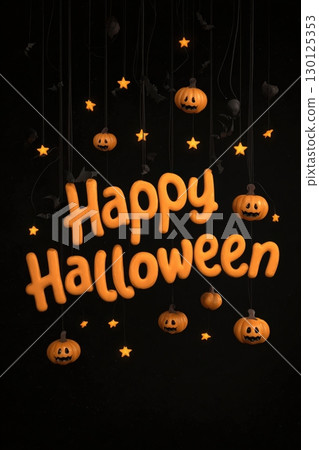 3D Rendered Halloween Banner with Floating Pumpkins and Glowing Stars 130125353