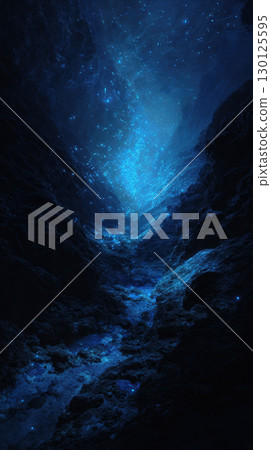 Deep sea trench glowing with bioluminescent creatures, mysterious blue underwater landscape Deep sea trench glowing with bioluminescent creatures, mysterious blue underwater landscape 130125595