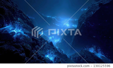 Bioluminescent creatures glow deep sea trench, creating mysterious and magical underwater scene Bioluminescent creatures glow deep sea trench, creating mysterious and magical underwater scene 130125596