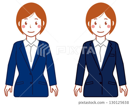 一位身穿海軍藍套裝、留著短髮、雙手垂下的年輕女子 130125638