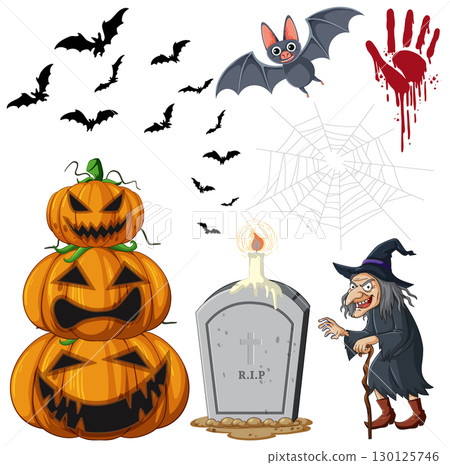 Halloween Vector Set with Pumpkins, Witch, and Bats Halloween Vector Set with Pumpkins, Witch, and Bats 130125746