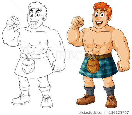 Cartoon Muscular Man in Tartan Kilt Raising Fist 130125767