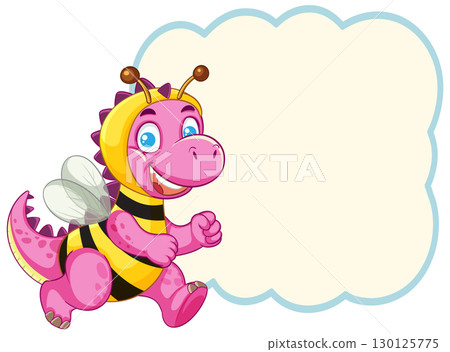 Cartoon Pink Dinosaur in Bee Costume with Speech Bubble 130125775