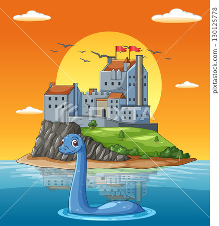Cartoon Loch Ness Monster by Scottish Castle at Sunset 130125778