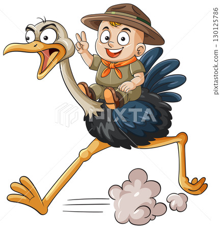 Young Explorer Riding Ostrich in Cartoon Style 130125786