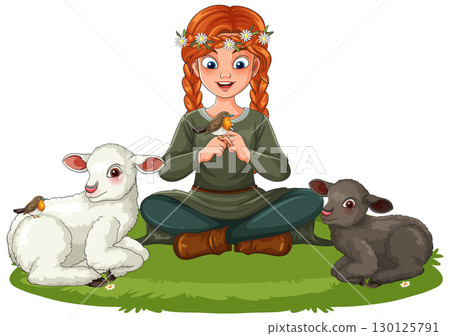 Red-Haired Girl Sitting With Lambs and Birds Outdoors Red-Haired Girl Sitting With Lambs and Birds Outdoors 130125791