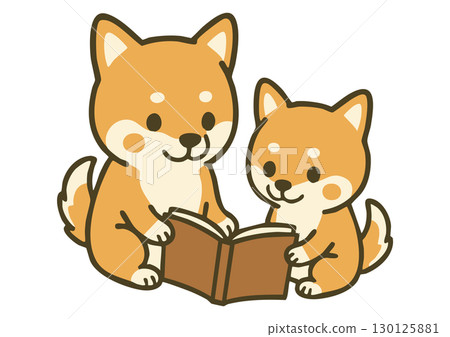 柴犬父母與孩子閱讀的可愛插圖 130125881