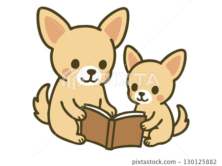 A cute illustration of a Chihuahua parent and child reading a book 130125882