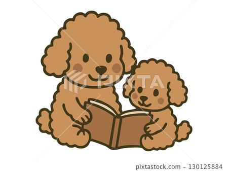 一幅可愛的插圖，一隻玩具貴賓犬的父母和孩子在讀書 130125884