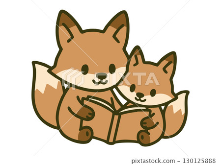 A cute illustration of a parent and child fox reading together 130125888