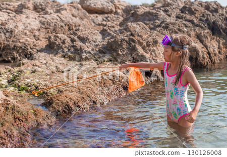 Young girl exploring rocky shoreline while wading in shallow water, using net to catch small marine creatures 130126008