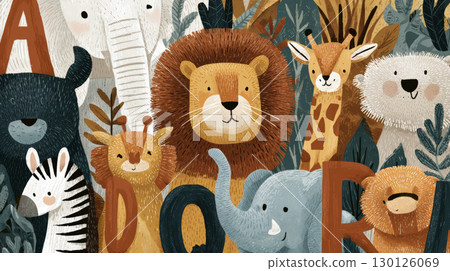 Cute safari animal illustration with lion, elephant, giraffe, zebra, and bear in colorful jungle scene 130126069