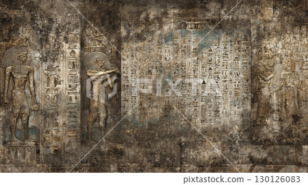 Ancient Egyptian wall carving with hieroglyphics and figures engraved on stone, showing historical and cultural art in warm tones Ancient Egyptian wall carving with hieroglyphics and figures engraved on stone, showing historical and cultural art in warm tones 130126083