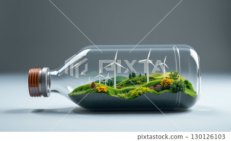 Wind turbine green hill glass bottle sustainable energy nature scene eco friendly landscape renewable power environment clean energy flower grass 130126103