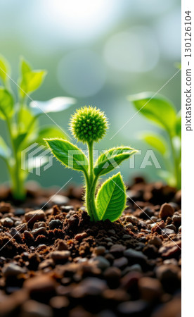 Young green plant sprouting from rich soil with soft natural light and blurred background creating fresh and hopeful atmosphere 130126104