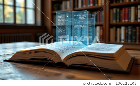 Open book wooden table with futuristic transparent digital text display cozy library setting, blending traditional reading with modern technology 130126105