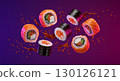 Sushi rolls floating in the air with neon lighting and soy sauce splashes 130126121