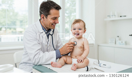 Happy pediatrician examining smiling baby in clinic 130126124