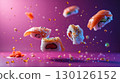 Sushi rolls floating in the air with neon lighting and soy sauce splashes, purple gradient background, conceptual food photography, sharp focus 130126152