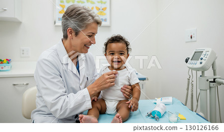 Happy pediatrician examining smiling baby in clinic 130126166