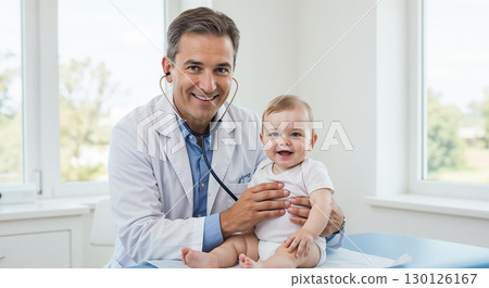 Happy pediatrician examining smiling baby in clinic 130126167