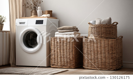 Laundry room with white washing machine and wicker baskets filled with towels and linens, creating cozy and organized space 130126175