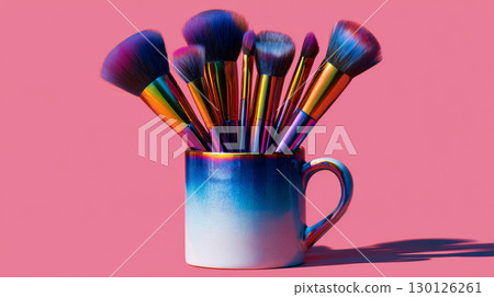 Makeup brush set with colorful bristles and metallic handles arranged in blue gradient ceramic mug on pink background, vibrant and artistic 130126261