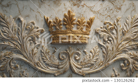 Golden crown with ornate floral decoration on marble surface, elegant vintage design with luxurious and royal expression 130126262