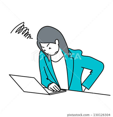 Stock Illustration: Vector illustration of a female office worker who feels back pain while working on a computer 130126304