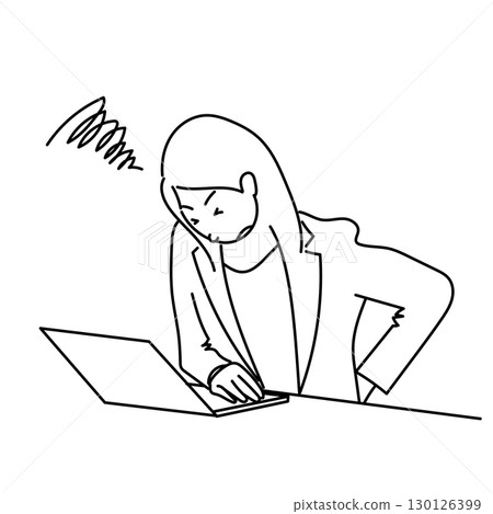 圖庫插圖: 一名女性辦公室職員在使用電腦時感到背部疼痛的黑線向量插圖 圖庫插圖: 一名女性辦公室職員在使用電腦時感到背部疼痛的黑線向量插圖 130126399