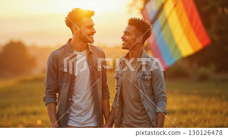 LGBTQ+ multiracial couple holding hands and smiling while walking 130126478
