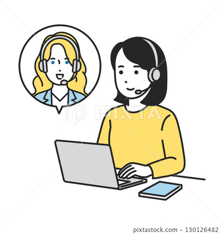 Illustration of a female student taking an online English lesson on a computer Illustration of a female student taking an online English lesson on a computer 130126482