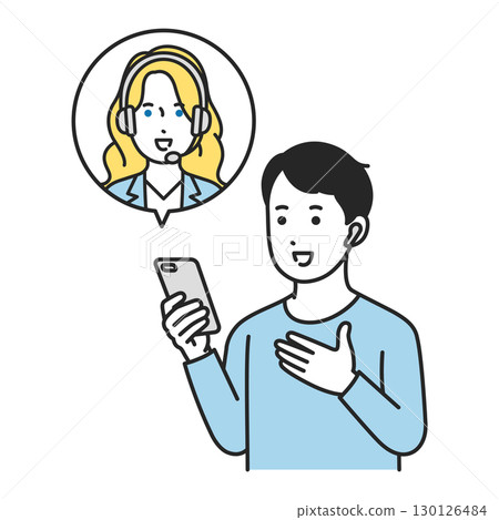 Illustration of a male student taking online English lessons on a smartphone 130126484