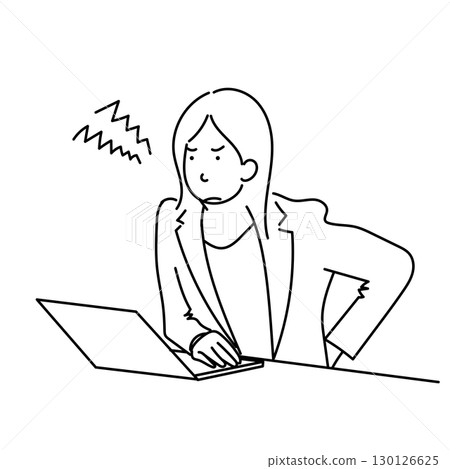 Stock Illustration: Black line vector illustration of a female office worker suffering from back pain while working on a computer 130126625