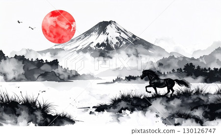 Watercolor and ink painting of a horse and Mt. Fuji. New Year's card material for the Year of the Horse. Watercolor and ink painting of a horse and Mt. Fuji. New Year's card material for the Year of the Horse. 130126747
