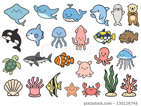 Cute sea creatures illustration material set 130126748