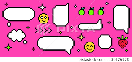 Pixel y2k speech bubbles with retro chat elements Pixel y2k speech bubbles with retro chat elements 130126978