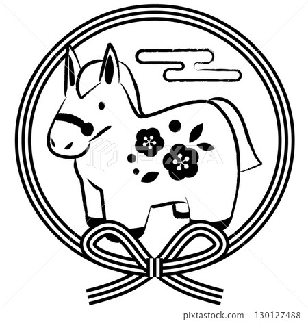 Year of the Horse Icon 04, Monochrome Line Drawing Horse, Mizuhiki, Bowknot, Cute, Illustration 130127488