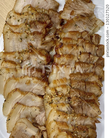 Suyuk, a traditional Korean dish of boiled pork slices, tender and juicy, often served with salted shrimp sauce, garlic, and ssamjang. Perfect for wrapping in lettuce for a flavorful, balanced bite. Suyuk, a traditional Korean dish of boiled pork slices, tender and juicy, often served with salted shrimp sauce, garlic, and ssamjang. Perfect for wrapping in lettuce for a flavorful, balanced bite. 130127520