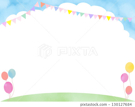 Watercolor illustration background of blue sky and white clouds, garland and balloons Watercolor illustration background of blue sky and white clouds, garland and balloons 130127684
