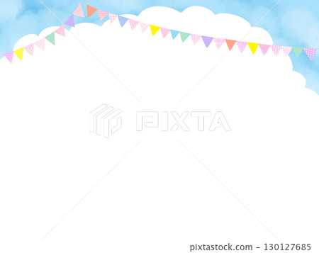 Watercolor illustration background of blue sky and white clouds with garland Watercolor illustration background of blue sky and white clouds with garland 130127685