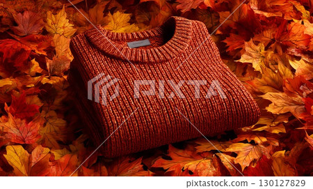 Warm brown knitted sweater floating with autumn leaves 130127829
