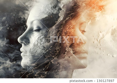 symbolic illustration of bipolar disorder, double-faced, duality of mood disorder 130127897