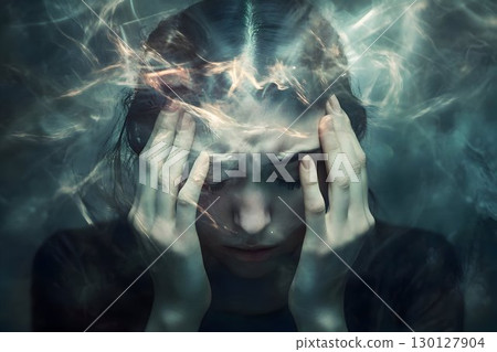 unhappy woman, migraine, obsessive depressive thoughts, anxiety disorder, and nervous tension 130127904