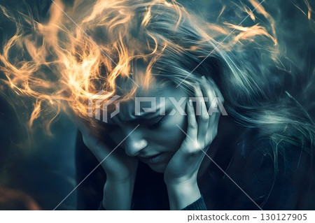 unhappy woman, migraine, obsessive depressive thoughts, anxiety disorder, and nervous tension 130127905