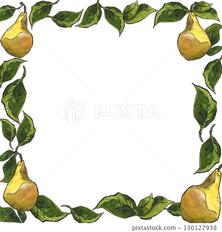 Square frame of four yellow pears and green leaves. Hand drawn illustration with watercolor and ink. Fruit, pear, plant, juice, yellow, leaves, green, frame, square, juicy 130127938