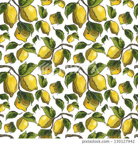 Pattern of juicy, bright lemons. Watercolor illustration with graphic elements. Drawing for printing on paper or weaving Pattern of juicy, bright lemons. Watercolor illustration with graphic elements. Drawing for printing on paper or weaving 130127942