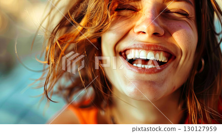 A vibrant and joyful moment captured, showcasing a carefree spirit with a radiant smile 130127959