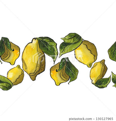 Seamless border of lemons and green leaves. Hand drawn illustration with watercolor and ink. Drawing for printing on paper, fabric, scrapbooking, ribbon, cards, invitations, packaging. Banner, citrus Seamless border of lemons and green leaves. Hand drawn illustration with watercolor and ink. Drawing for printing on paper, fabric, scrapbooking, ribbon, cards, invitations, packaging. Banner, citrus 130127965
